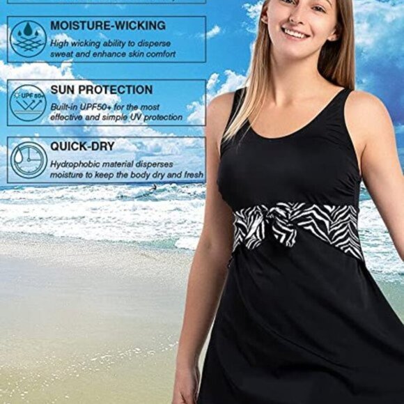 ZEBRA DETAIL BLACK SWIM DRESS ONE PIECE SWIMSUIT - Picture 1 of 14